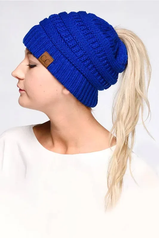 Hana – C.C Solid Color Ponytail Messy Bun Beanie
