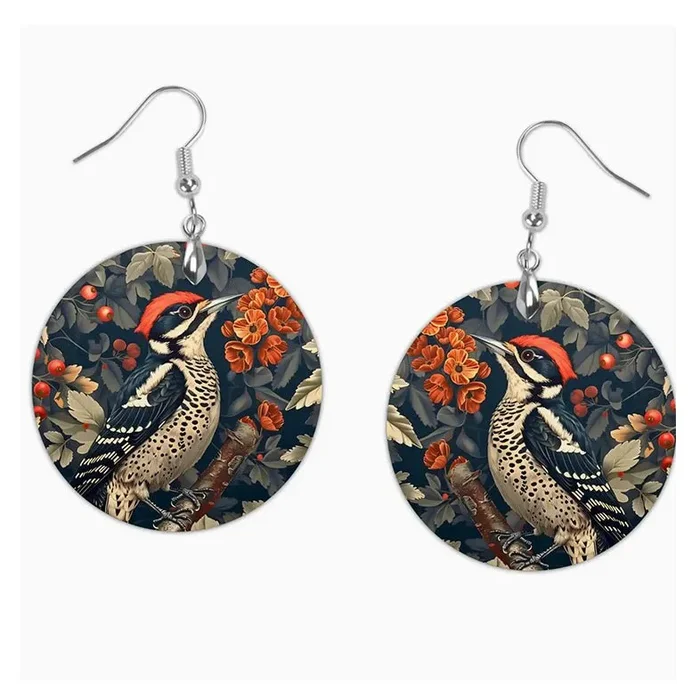Hand-Made William Morris Woodpecker Earrings for Pierced Ears