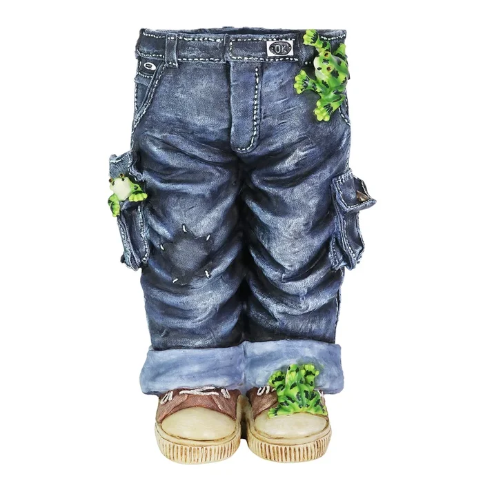 Hand Painted Standing Blue Jeans with Frogs Resin Planter, 13 by 19.5 Inches