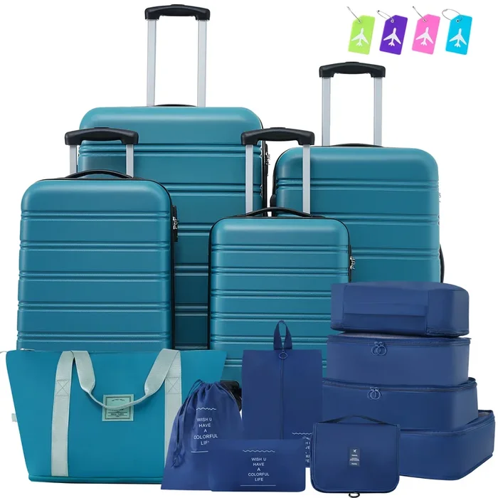 Hardshell Luggage Sets 4 Pcs Bag Spinner Suitcase With Tsa Lock Lightweight 16″ 20″ 24″ 28″ Luggages Blue Abs