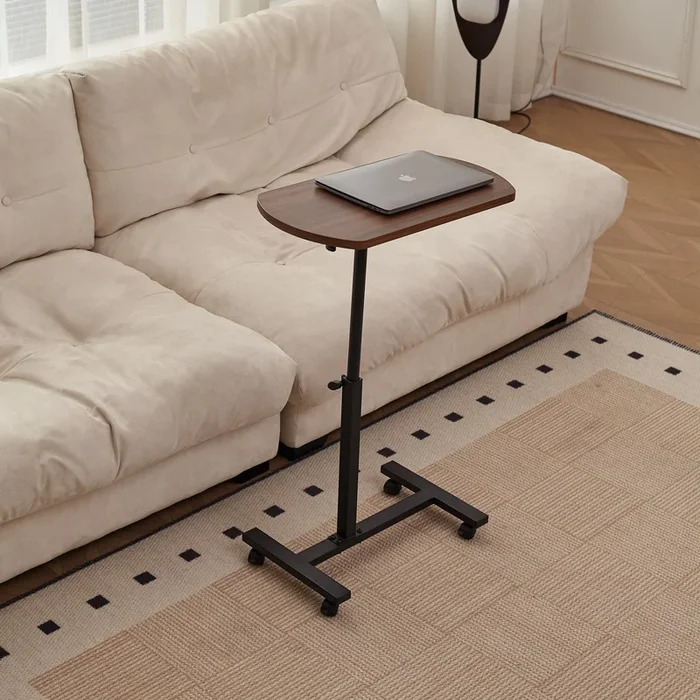 Height Adjustable Sofa Side C Shape Table,Laptop Holder End Stand Desk Brown Mdf Metal