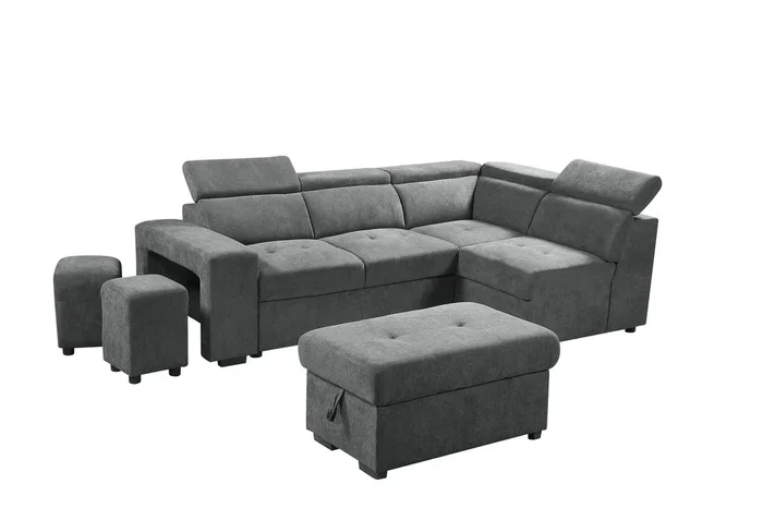 Henrik 97″ Light Gray Sleeper Sectional Sofa With Storage Ottoman And 2 Stools Light Gray Fabric