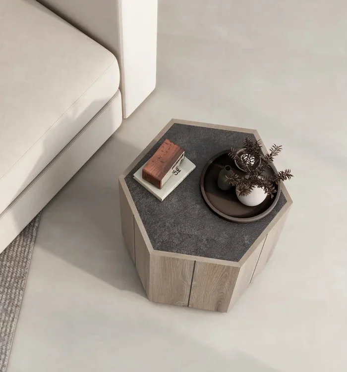 Hexagonal Rural Style Garden Retro with Drawer Living Room Corner Table Bedroom Bedside Table, Textured Black + Warm Oak
