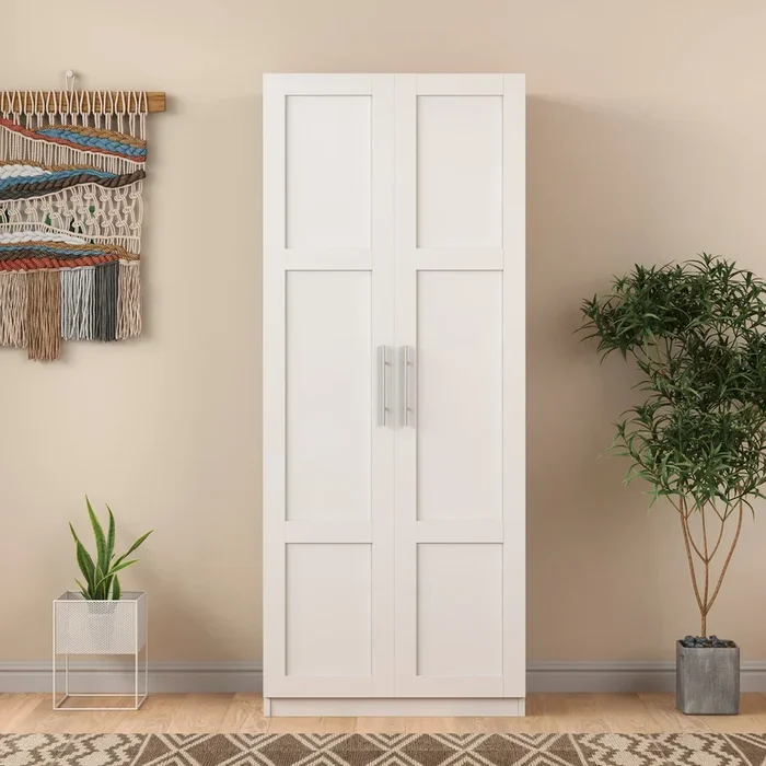 High wardrobe and kitchen cabinet with 2 doors and 3 partitions to separate 4 storage spaces,white