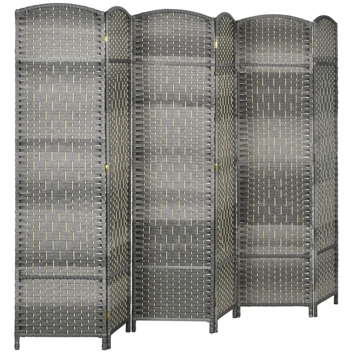 Homcom 6 Panel Room Divider, 6′ Tall Folding Privacy Screen, Hand Woven Freestanding Wall Partition For Home Office, Bedroom, Mixed Gray Grey Polypropylene