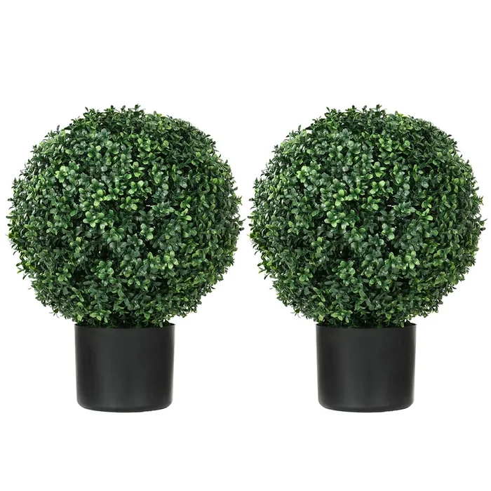 Homcom Set Of 2 20.5″ Artificial Ball Boxwood Topiary Trees With Pot, Indoor Outdoor Fake Plants For Home Office & Living Room Decor Green Plastic