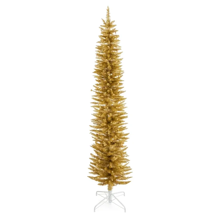 Home Heritage Tinsel 7′ Pencil 150 LED Pre-Lit Artificial Christmas Tree, Gold