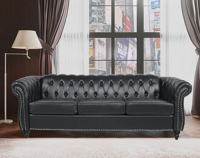 House 84′ BLACK PU Rolled Arm Chesterfield Three Seater Sofa.