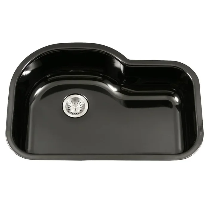 Houzer BL Porcela Series Porcelain Enamel Steel Undermount Offset Single Bowl Kitchen Sink, Black