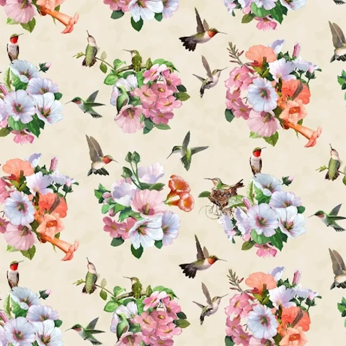 Hummingbird Dating Game on Cream Fabric – 40007 Cream – Dating Game – Elizabeth’s Studio