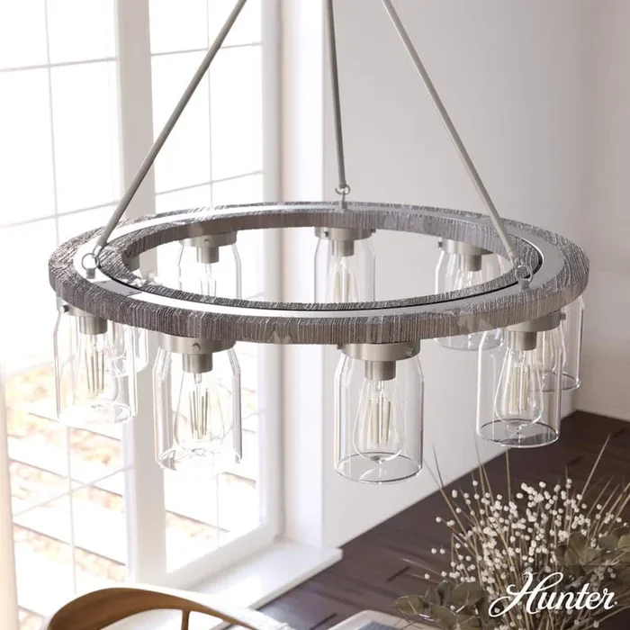 Hunter Devon Park 9-Light Brushed Nickel Wagonwheel Chandelier with Clear Glass Shades Kitchen Light