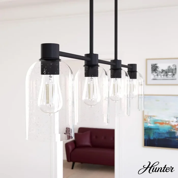 Hunter Lochemeade 4 Light Noble Bronze Linear Chandelier with Clear Seeded Glass Shades Kitchen Light