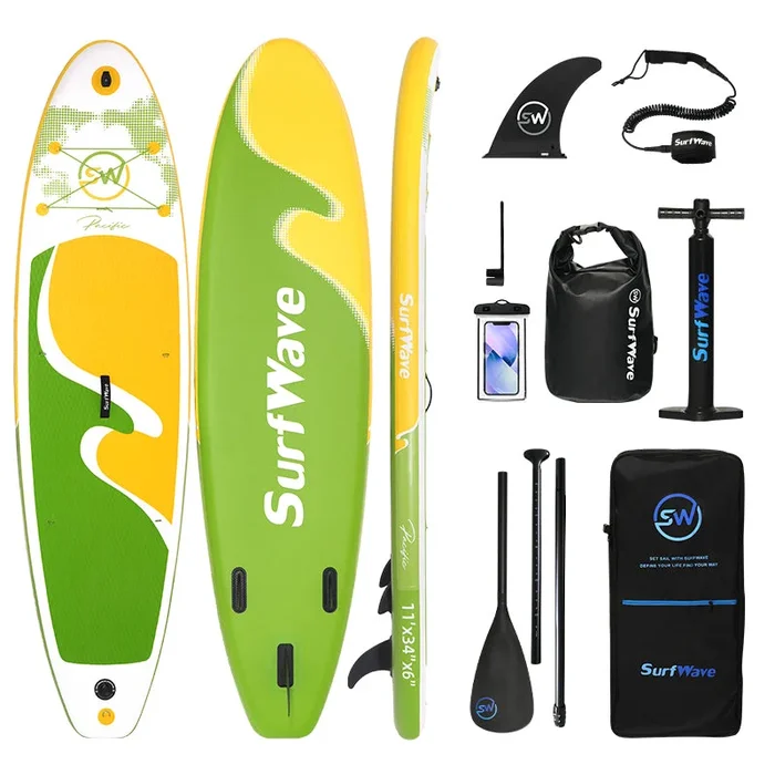 Inflatable Stand Up Paddle Board 11’X34″X6″ With Accessories Water Sports Light Green Multi Anti Slip Garden & Outdoor American Design,Beach Multifunctional Pvc