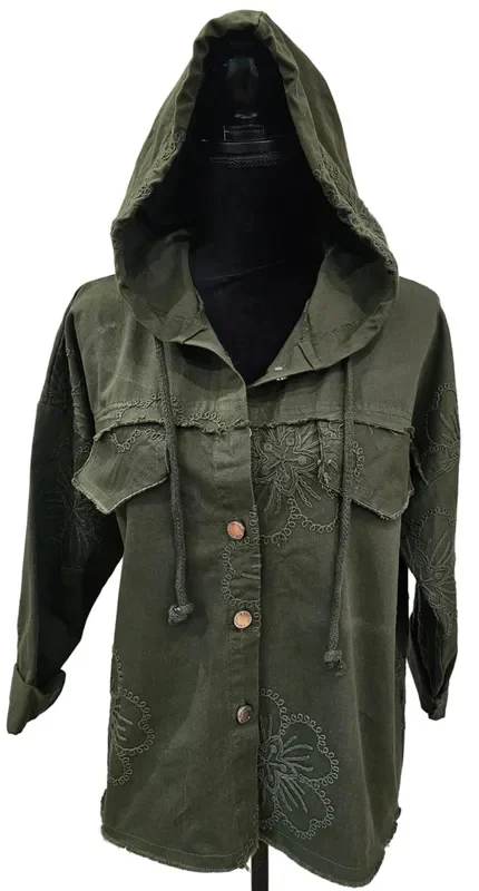 Jacket Olive Green Button Front Embroidery 1095