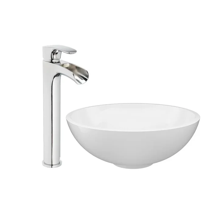 JACUZZI 16.5 in. Solid Surface Vessel Bathroom Sink Bowl in White Gloss with Vessel Filler Faucet and Pop Drain Included