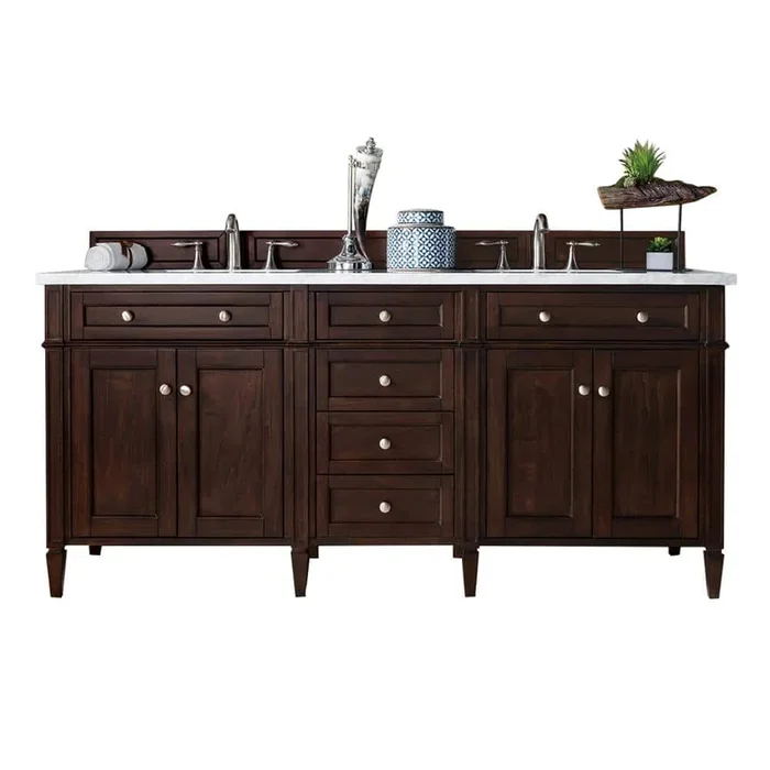 James Martin Vanities Brittany 72″ Double Bath Vanity in Burnished Mahogany with Carrara Marble Top