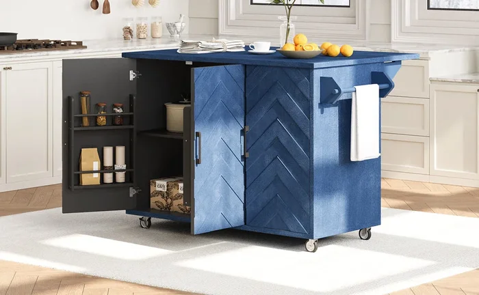 K&K 51.2″W 3D Wave Stripes Ash Veneer Not Cheap Paper Kitchen Island With Drop Leaf, Farmhouse Kitchen Island On Wheels With Internal Storage Rack, Rolling Kitchen Cart Navy Blue Navy Blue Nature