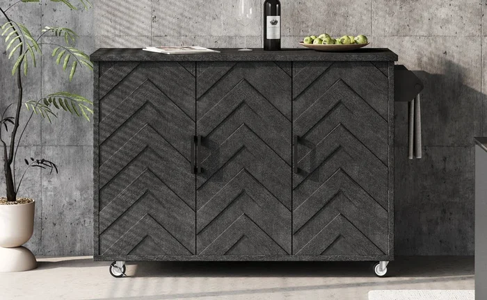 K&K 51.2″W 3D Wave Stripes Ash Veneer Not Cheap Paper Kitchen Island With Drop Leaf, Farmhouse Kitchen Island On Wheels With Internal Storage Rack, Rolling Kitchen Cart Black Black Brown Kitchen