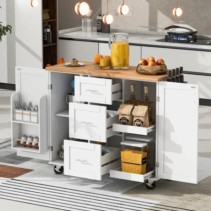 K&K Rolling Kitchen Island With Storage, Kitchen Cart With Rubber Wood Top, 3 Drawer, 2 Slide Out Shelf And Internal Storage Rack, Kitchen Island On Wheels With Spice Rack & Tower Rack, White White Kitchen Classic,European,Modern Rectangular Kitchen