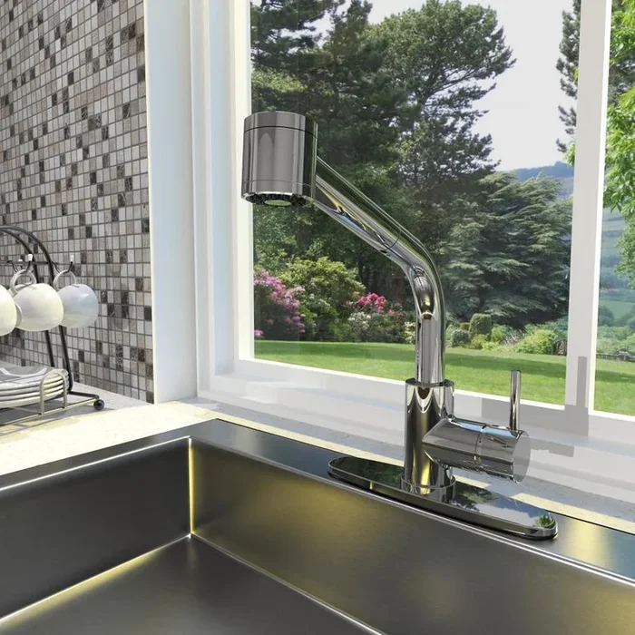 Keeney Metro Polished Chrome 1-Handle Deck-Mount Pull-Out Handle Kitchen Faucet (Deck Plate Included)
