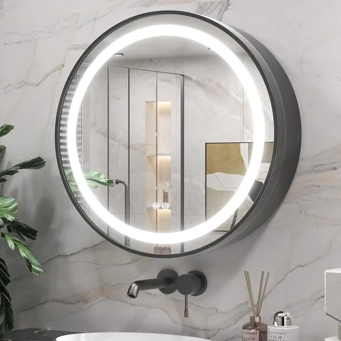KeonJinn 24 in. W x 24 in. H Round Black Metal Framed Surface Mount Medicine Cabinet with Mirror LED Lighted 3 Colors Dimmable