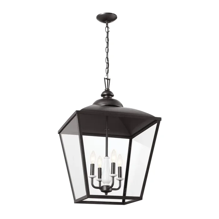 Kichler Dame 4-Light Anvil Iron Farmhouse Clear Glass Lantern Large Hanging Pendant Light