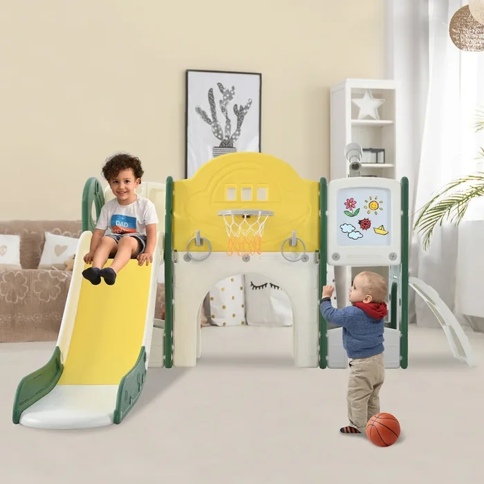 Kids Slide Playset Structure 9 In 1, Freestanding Space Set With Slide, Arch Tunnel, Ring Toss, Drawing Whiteboardl And Basketball Hoop For Toddlers, Kids Climbers Playground Yellow Hdpe Indoor & Outdoor Use