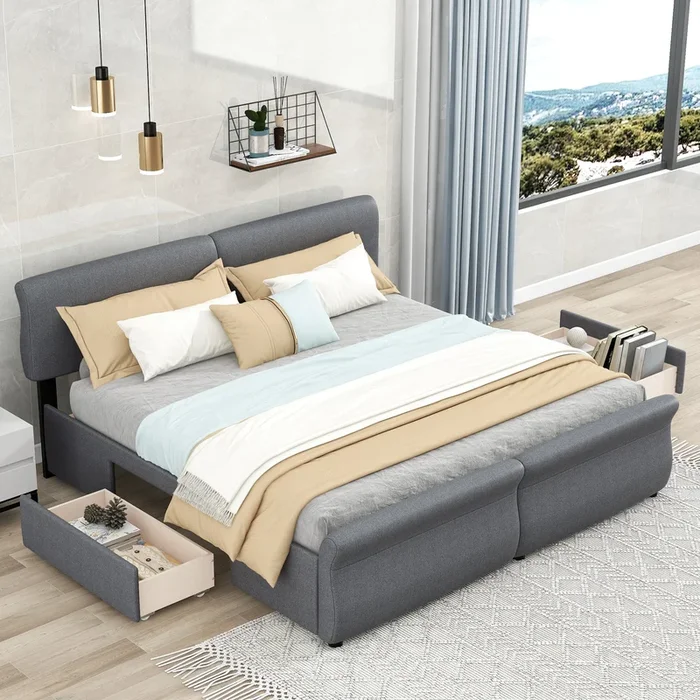 King Size Upholstery Platform Bed with Two Drawers, Gray