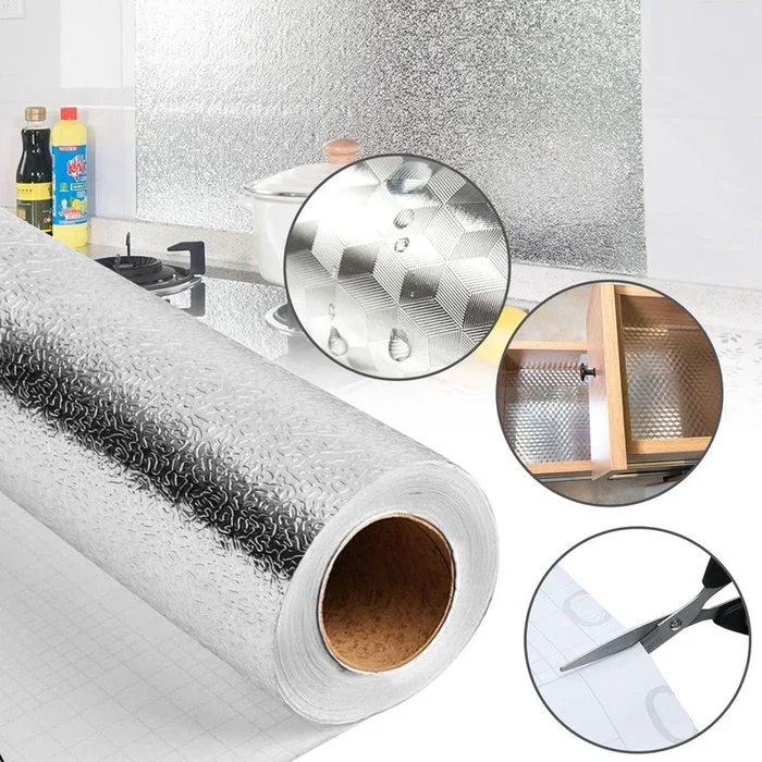 Kitchen Backsplash Sticker, Aluminum Foil Orange Peel Texture Wall Paper, Waterproof Removable DIY Wallpaper, Self-Adhesive Oil-Proof Heat-resist Wall Stickers for Countertop Drawer Liner Shelf Liner