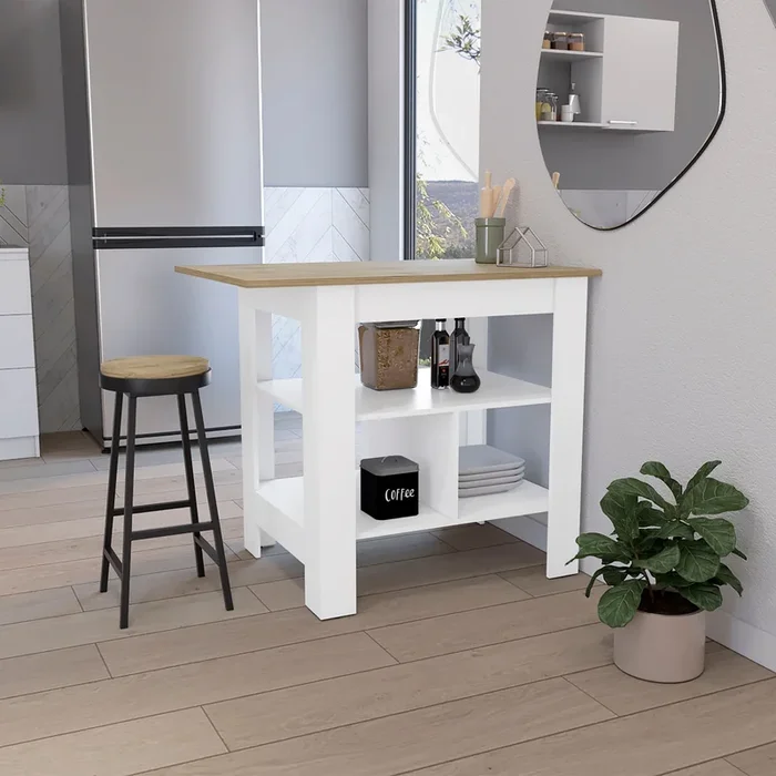 Kitchen Island, Kitchen Table 35″ H, 3 Open Shelves, White Macadamia Multicolor Particle Board Particle Board