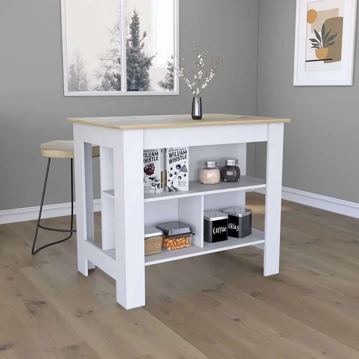 Kitchen Island, Kitchen Table 35″ H, Four Legs, Three Open Storage Shelves, White Light Oak Multicolor Particle Board Particle Board