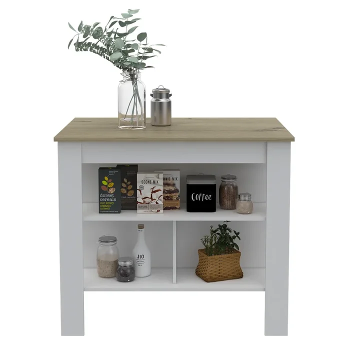 Kitchen Island, Kitchen Table 35″ H, Three Open Storage Shelves, Four Legs, White Light Oak Multicolor Particle Board Particle Board