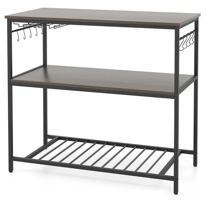 Kitchen Island with 3 Shelves Wine Glass Holders and 10 Hooks
