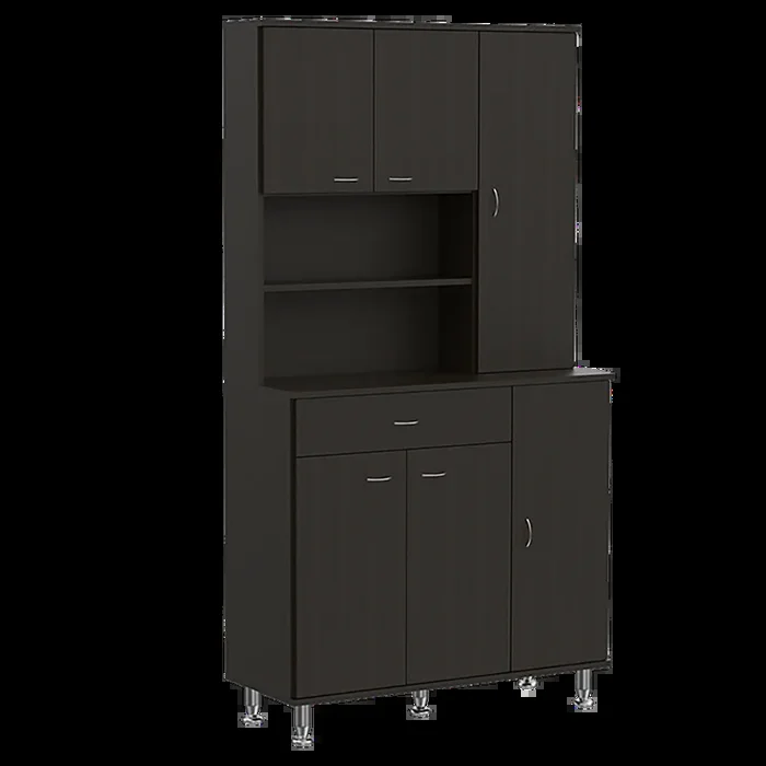 Kitchen Pantry Cabinet, Two Open Shelves, One Drawer, Multiple Cabinets, Black Black Solid Wood Mdf Engineered Wood