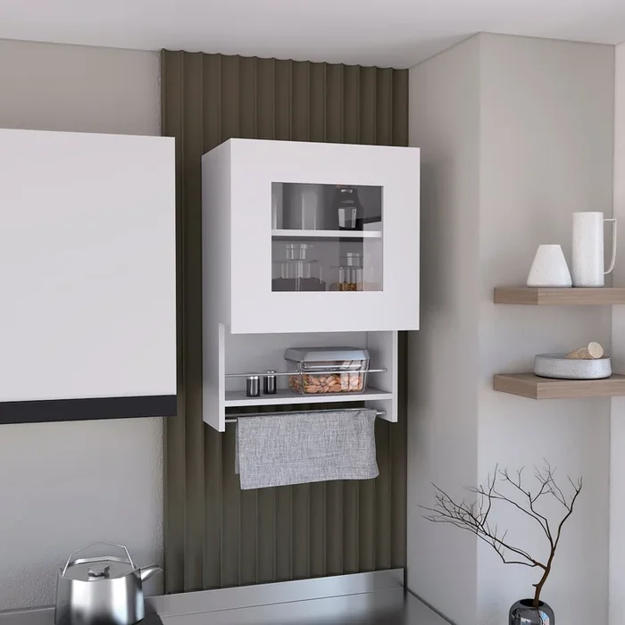 Kitchen Wall Cabinet 29″ H, With Towel Rack And Spice Rack, One Door, Two Internal Shelves, White White Particle Board Particle Board