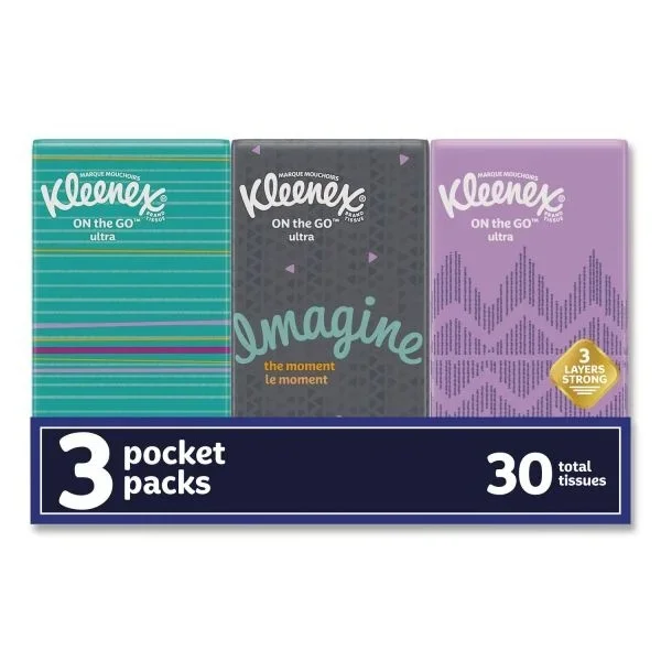 Kleenex On The Go Packs Facial Tissues, 3-Ply, White, 10 Sheets/Pouch, 3 Pouches/Pack, 36 Packs/Carton