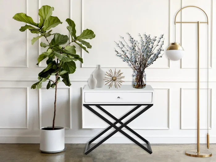 Koda 23″ White Wooden End Side Table Nightstand With Glass Top, Drawer And Metal Cross Base White Mdf