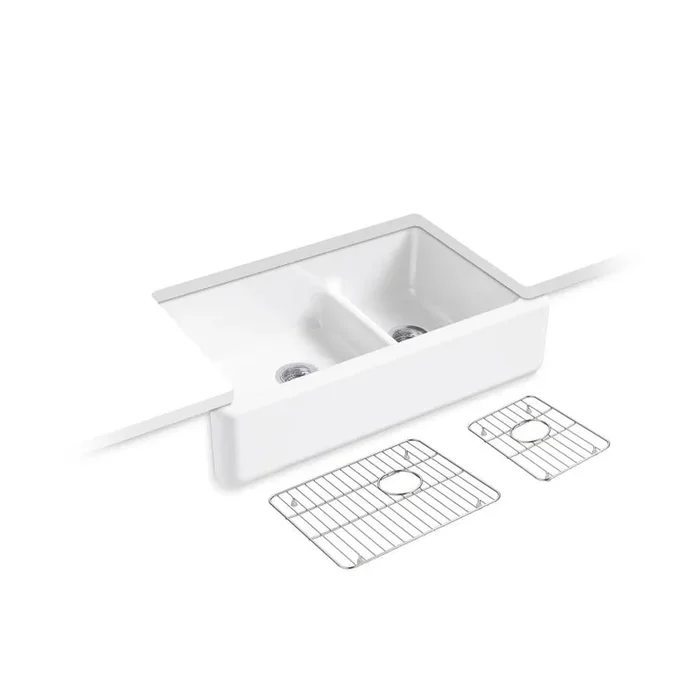 KOHLER Whitehaven SmartDivide Undermount Farmhouse Tall Apron Front 36 in. Double Bowl Kitchen Sink White with Basin Racks