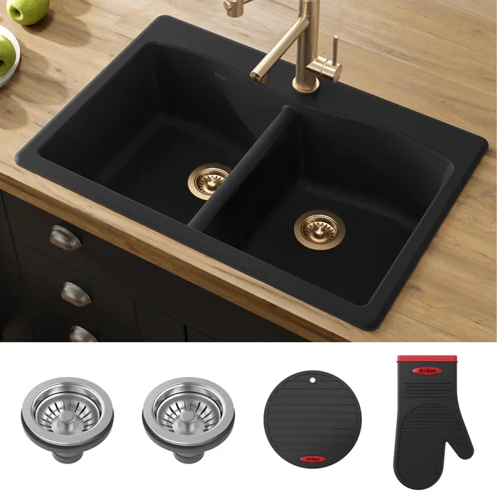 KRAUS Forteza 33 Dual Mount 50/50 Double Bowl Granite Kitchen Sink in Black
