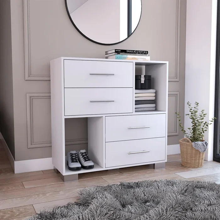 Krista Dresser, Two Open Shelves, Four Drawers -White