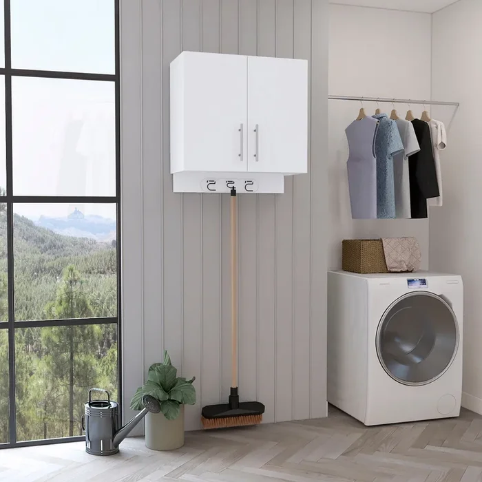Kymo Wall Storage Cabinet, 2 Doors, Broom Hangers White Standard 1 2 Shelves Natural White White Dining Room Modern Particle Board Particle Board