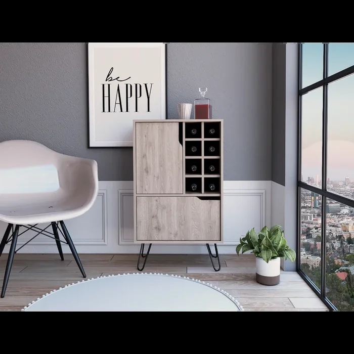 L Bar Single Door Cabinet, Eight Built In Wine Rack, Four Legs, Light Gray 1 2 Drawers Grey Primary Living Space Modern Pine Particle Board Particle Board