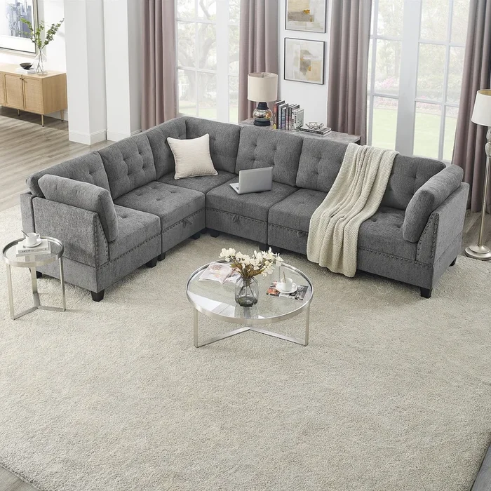 L shape Modular Sectional Sofa,DIY Combination,includes Three Single Chair and Three Corner, Grey Chenille