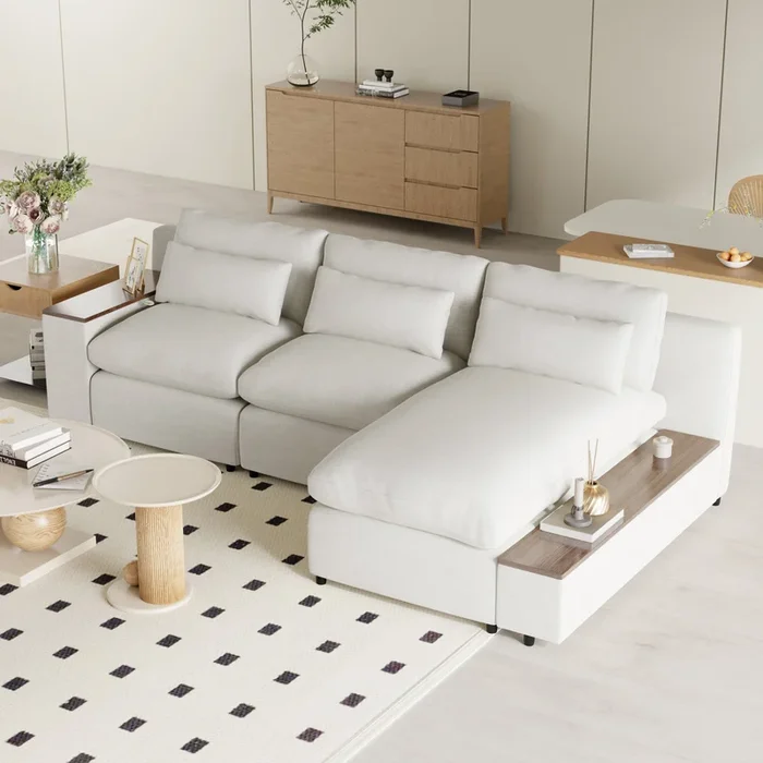 L Shaped Modular Sectional Sofa With Removable Back Cushions,3 Pillows And 2 Storage Spaces,Suitable For Living Rooms,Offices And Apartments Beige Polyester 3 Seat
