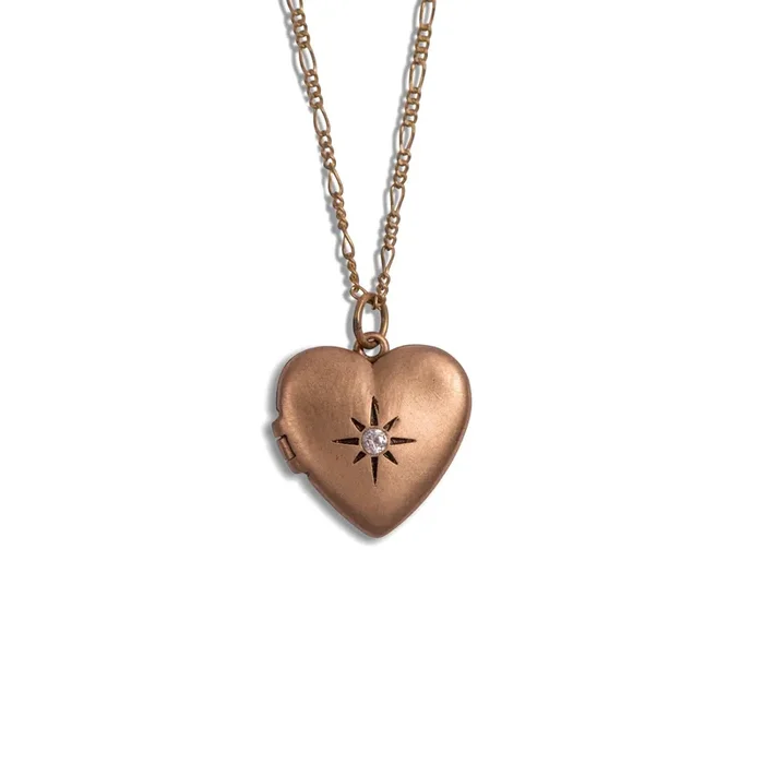 ***Large Heart Locket Necklace with Stone – Brass 16″ chain