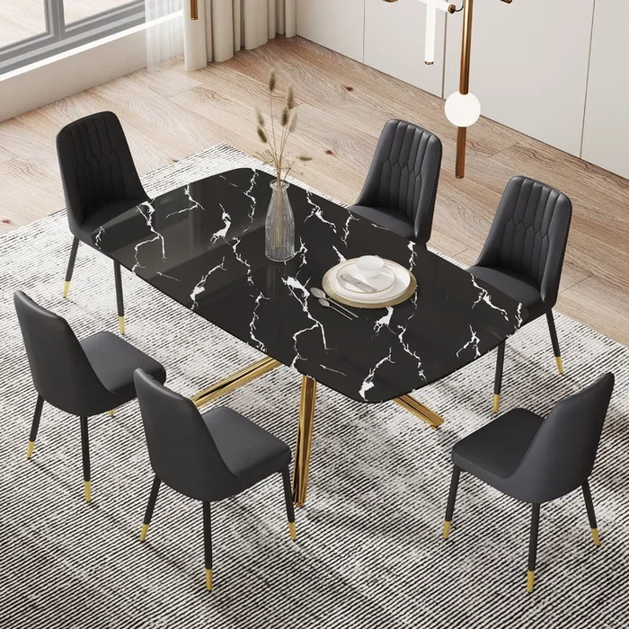 Large Modern Minimalist Rectangular Dining Table With 0.39 “Imitation Marble Black Tabletop And Golden Metal Legs, Paired With Chairs With Pu Cushions And Black Metal Legs. F 1537 C 007 Black Gold Glass Metal