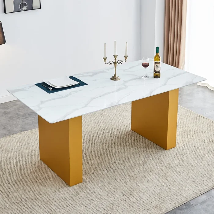 Large Modern Rectangular Table With 0.4 Inch Patterned Tabletop And Large Mdf Table Legs, Suitable For Kitchen, Dining Room, And Living Room 71 “* 35.4″ * 30 ” 1546 Gold Mdf Glass