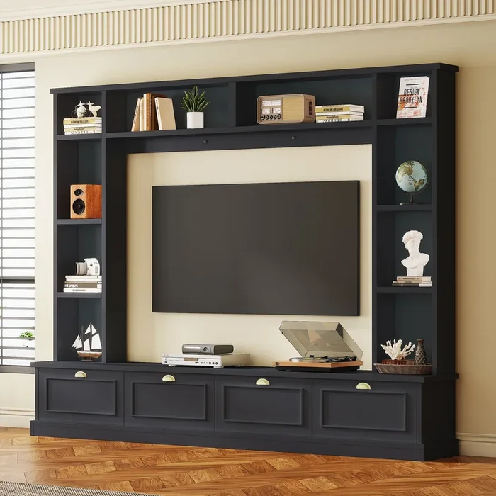Large Wall Unit Entertainment Center With Bookshelves For Tvs Up To 78”, Modern Tv Console With Cabinets And Open Shelves, 4 In 1 Tv Stand With Golden Handles, Black, 104.2”W*81.2”H Black 70 79 Inches Mdf