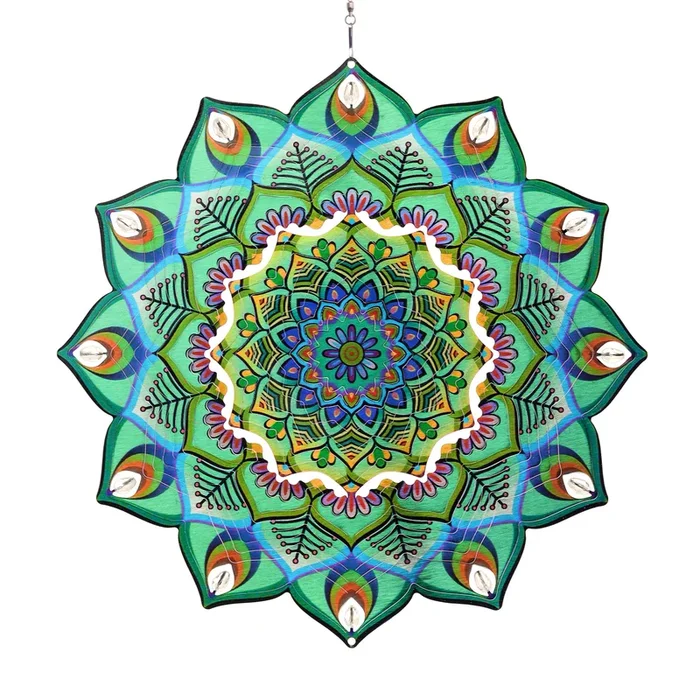 Laser Cut Green Metal Hanging Garden Spinner with Beaded Details, 12 Inch
