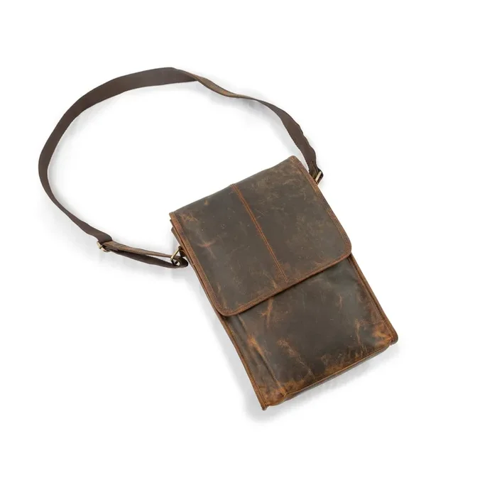 ***Leather Crossbody Briefcase – Scratched Leather Distressed Brown 16.5 x 10.5 x 3.5